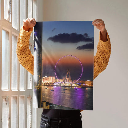 Vertical city night skyline poster with illuminated Ferris wheel and waterfront buildings wall art.