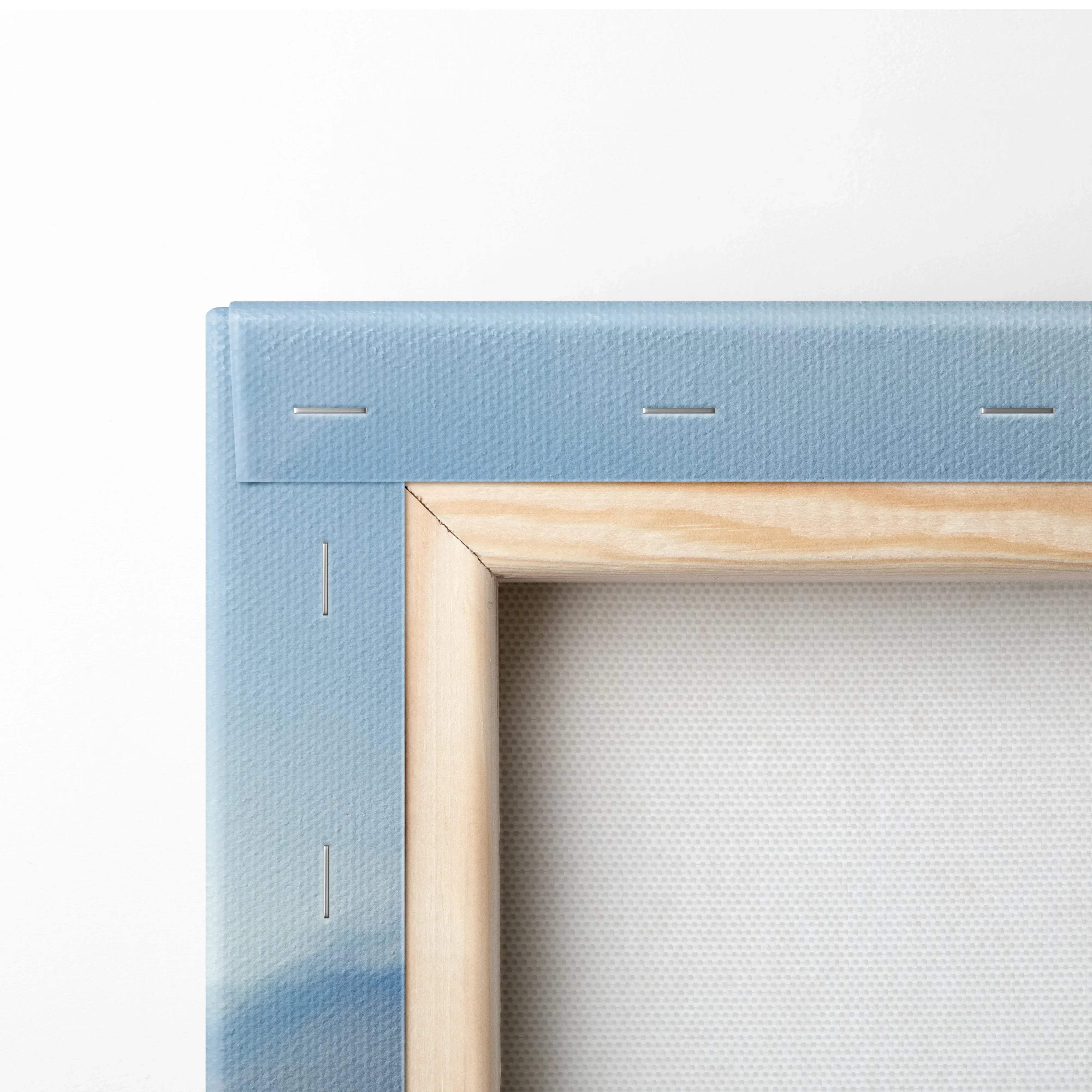Light blue canvas cityscape sunset wall art with natural wood frame showcasing urban coastal skyline