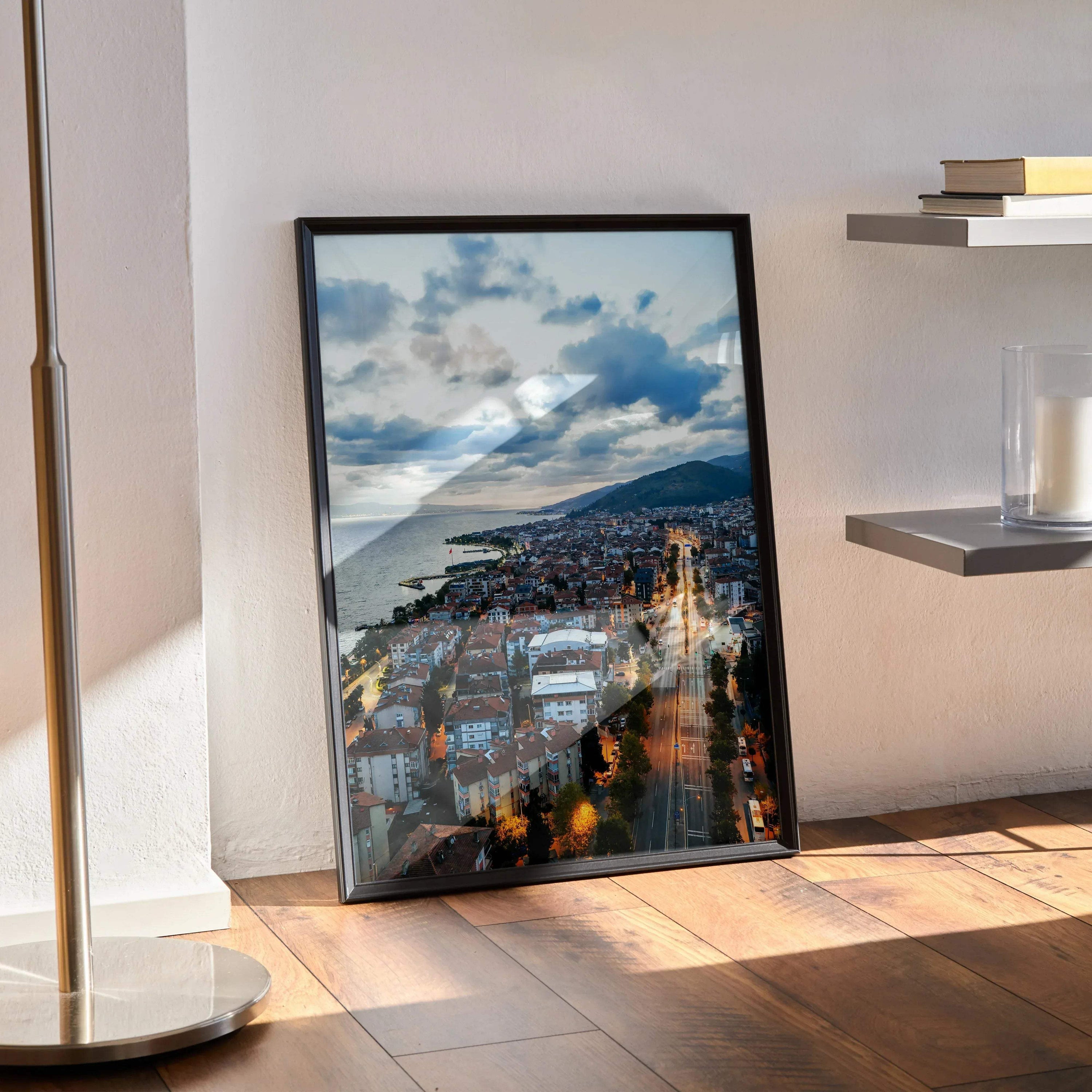 Vibrant city sunset wall art poster with colorful sky and urban skyline in vertical frame.