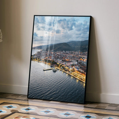 Vibrant city sunset poster showing illuminated waterfront and buildings against dramatic sky wall art.