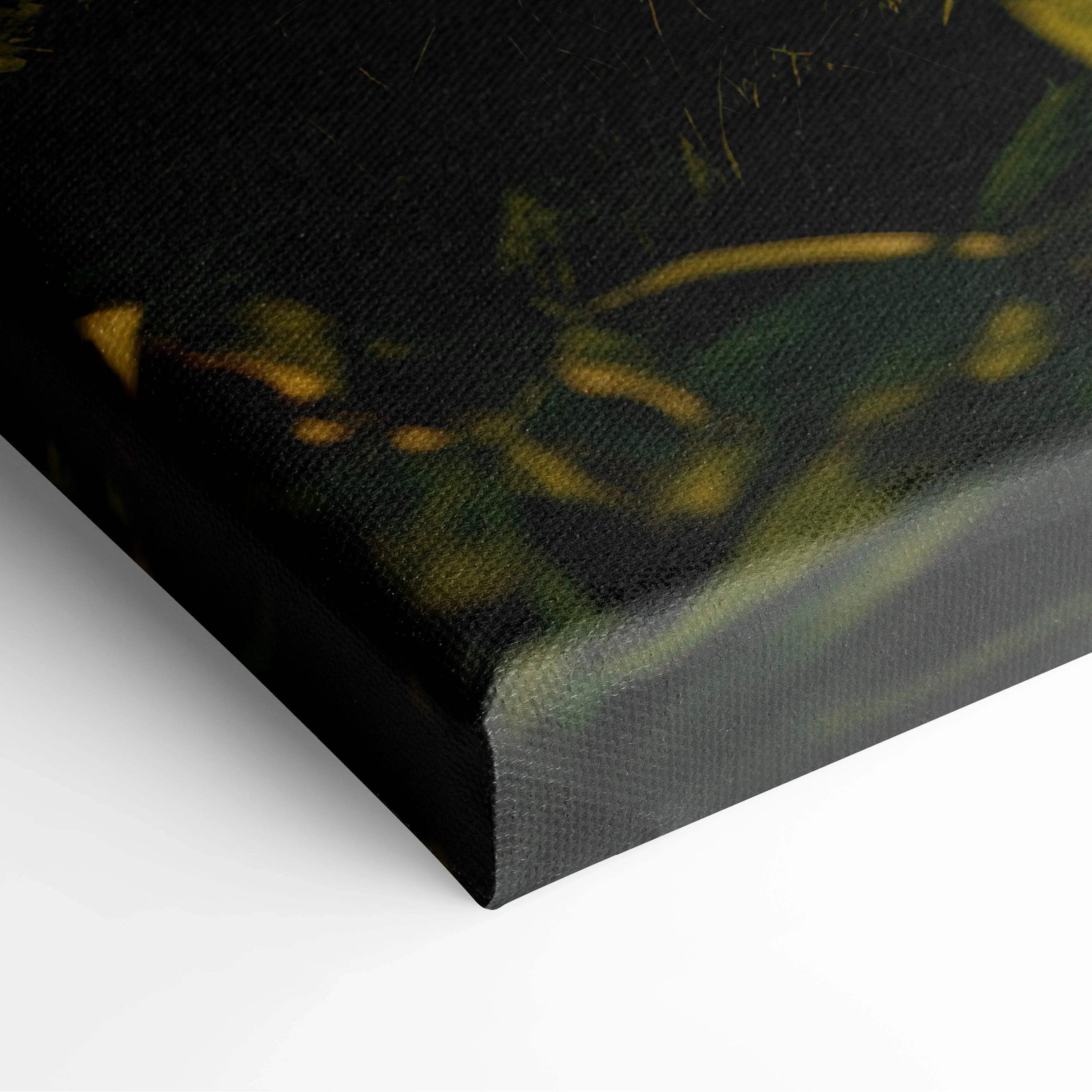 Black canvas print with yellow green abstract brushstrokes mountain sunset lake art