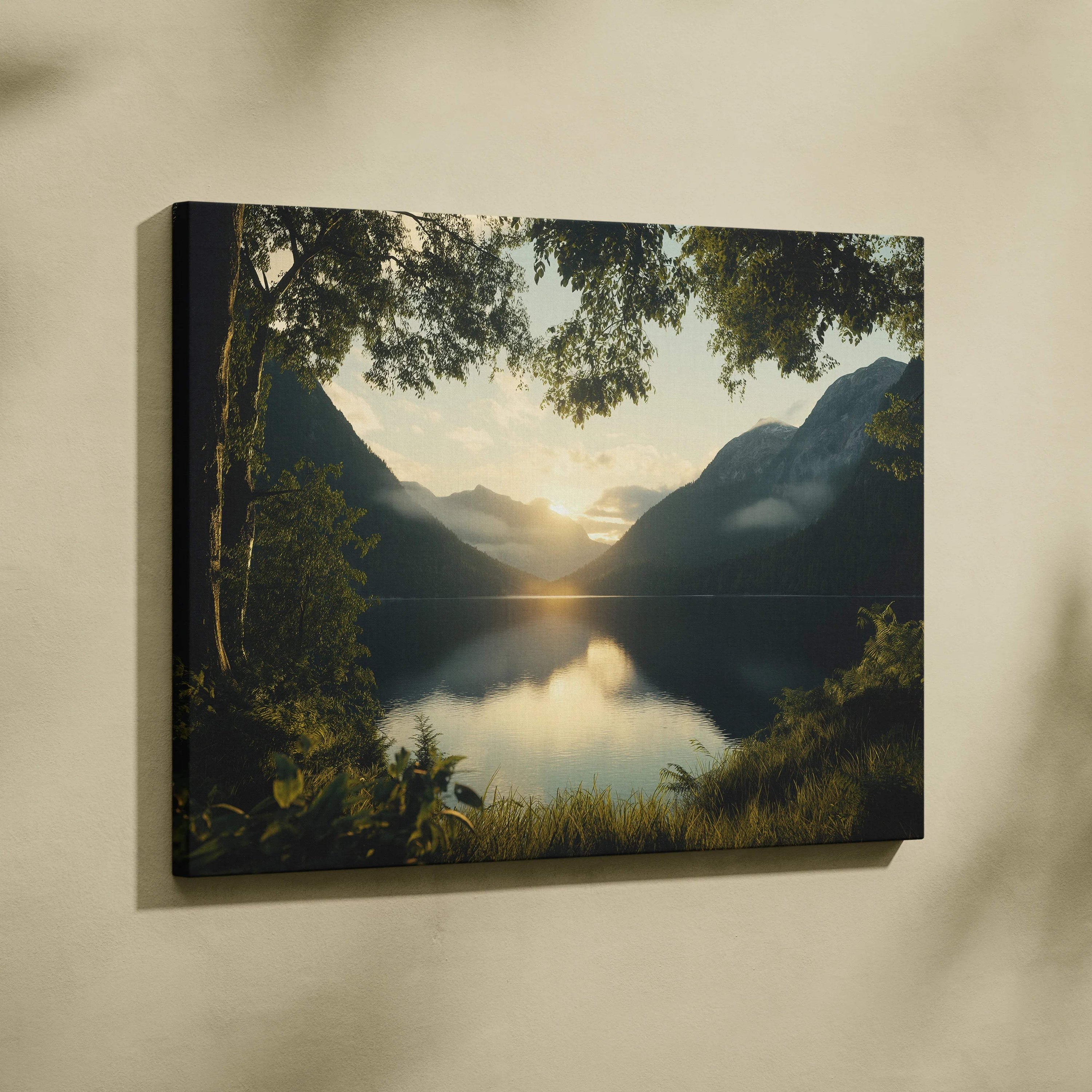 Serene mountain lake at golden hour sunrise canvas wall art print