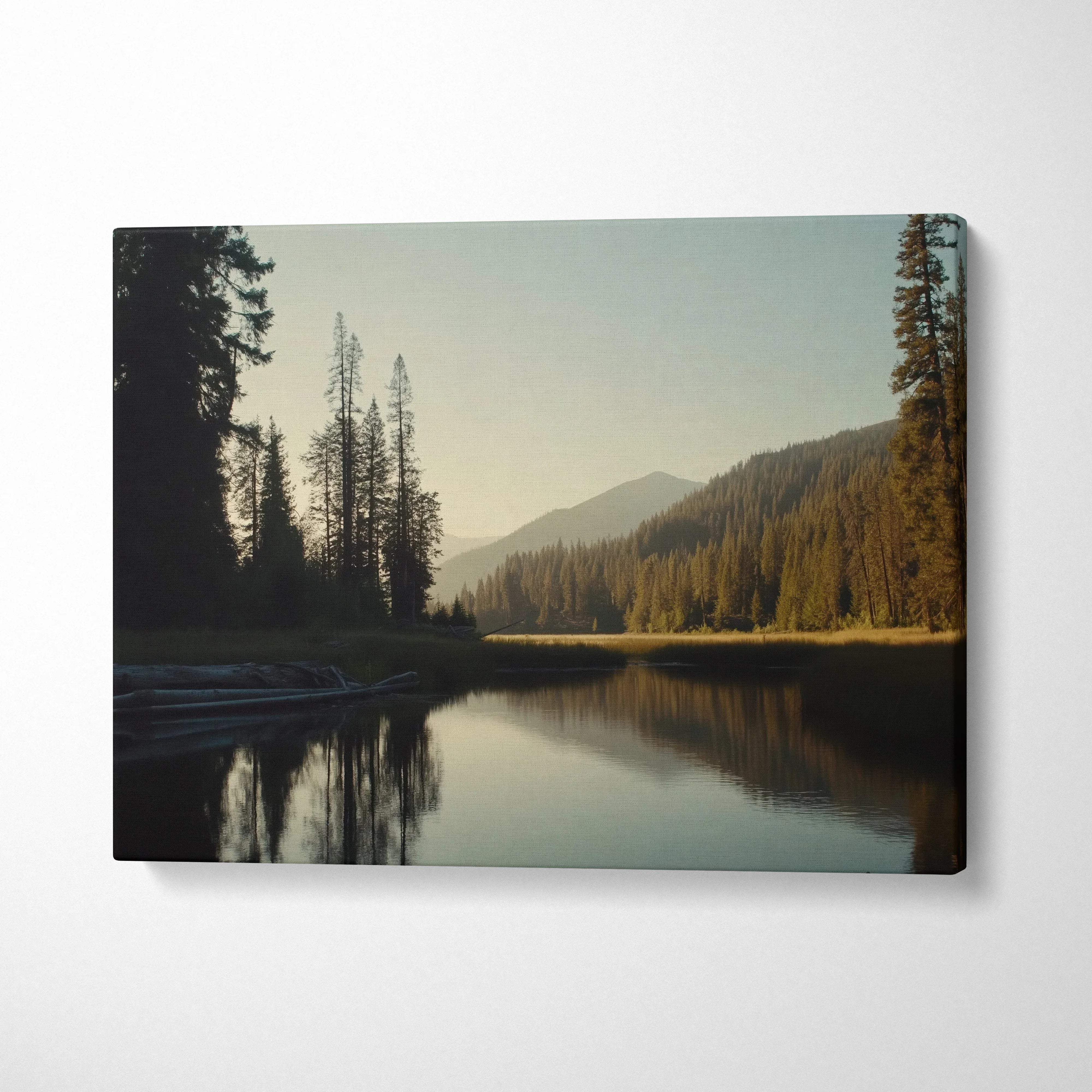 Serene canvas wall art of forest lake with mountains in golden hour light
