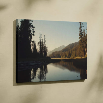 Canvas wall art of serene forest lake with mountains in golden hour light