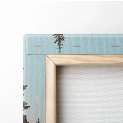 Light blue canvas pine tree art in wood frame, serene blues greens lake scene