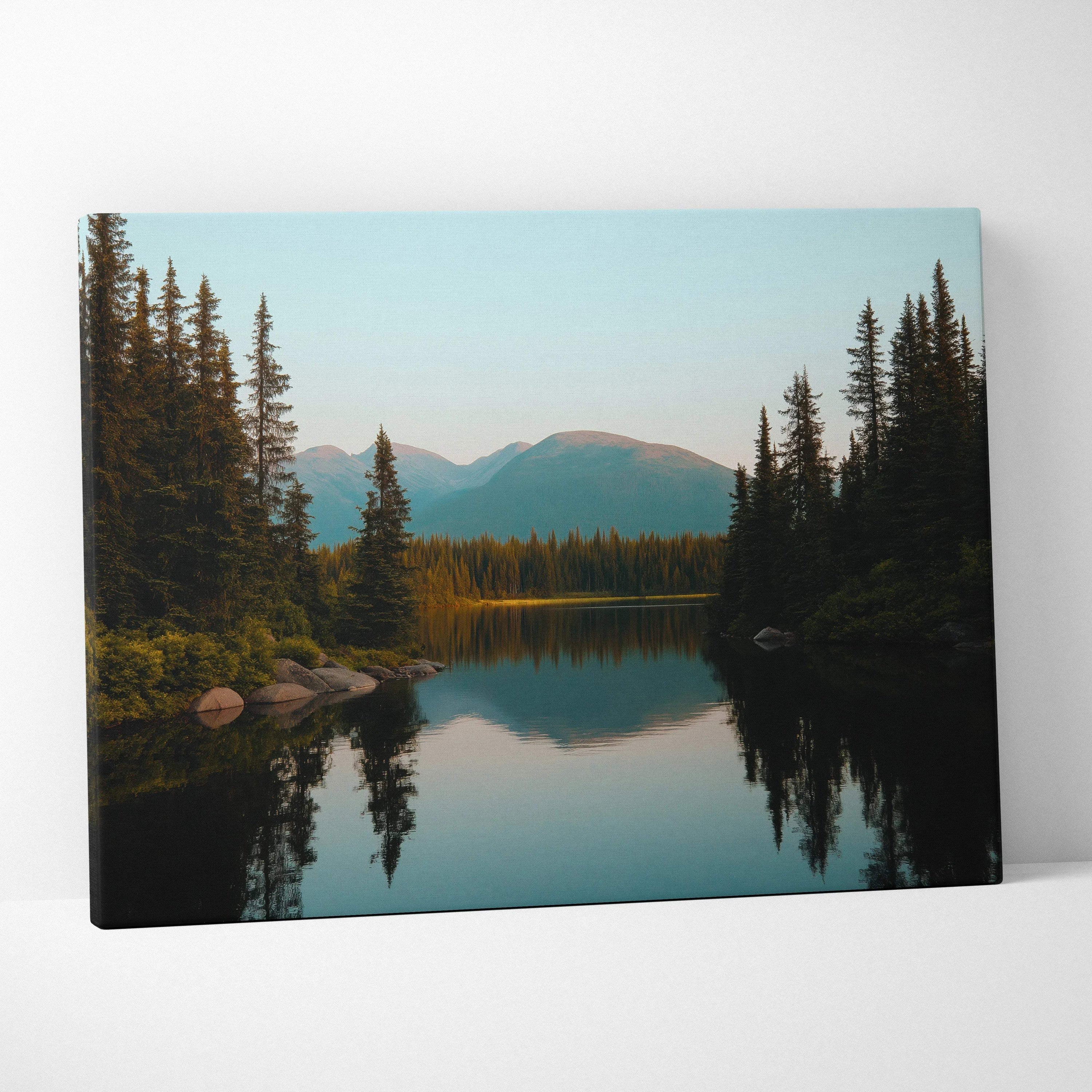 Canvas wall art of serene mountain lake with blue green reflections