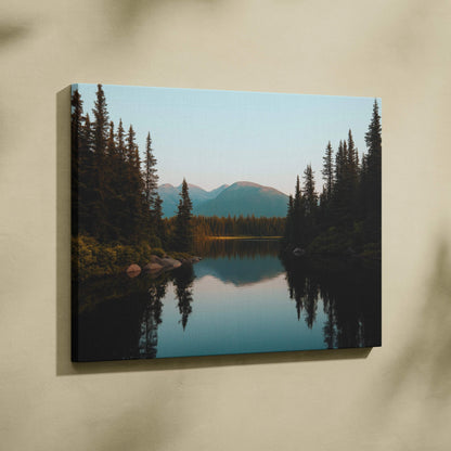 Canvas wall art of serene mountain lake in blues and greens