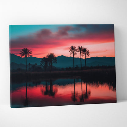 Vibrant sunset canvas wall art with silhouetted palm trees and mountains in calm water