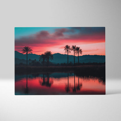 Vibrant canvas wall art of sunset over palm trees and mountains in pink teal hues