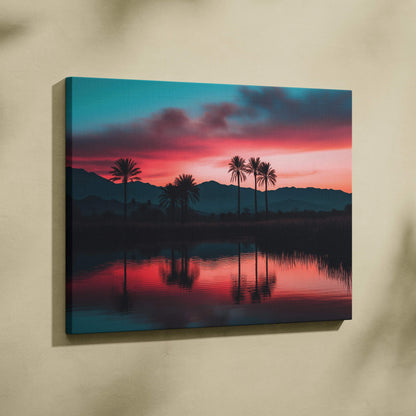 Vibrant canvas wall art of sunset over palm trees and mountains in teal, pink, orange