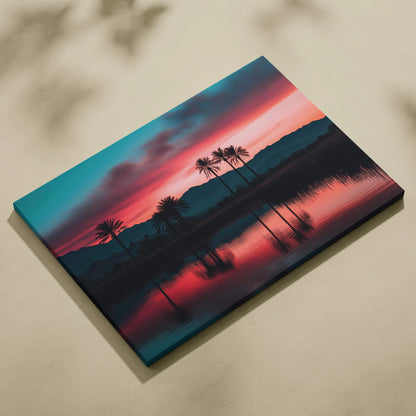 Vibrant canvas wall art of sunset over palm trees and mountains in teal pink hues