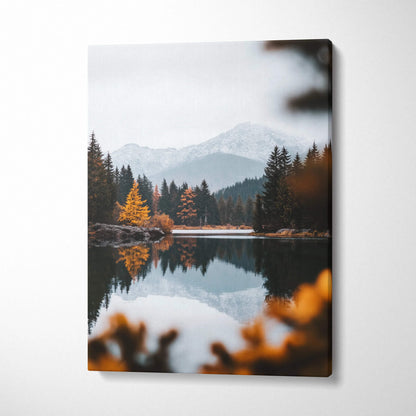 Serene canvas wall art of autumn mountain forest with reflective lake