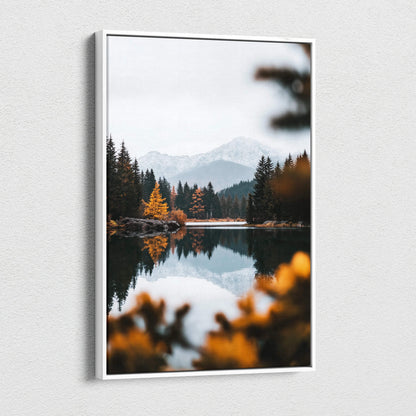 White-framed canvas print of serene autumn lake with mountains and trees