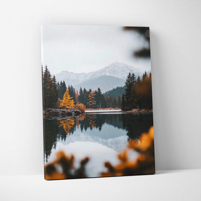Serene canvas wall art of autumn mountain forest and reflective lake