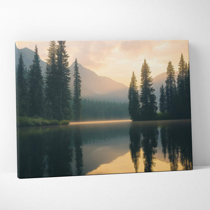 Serene canvas wall art of evergreen trees, lake reflection, sunset mountains