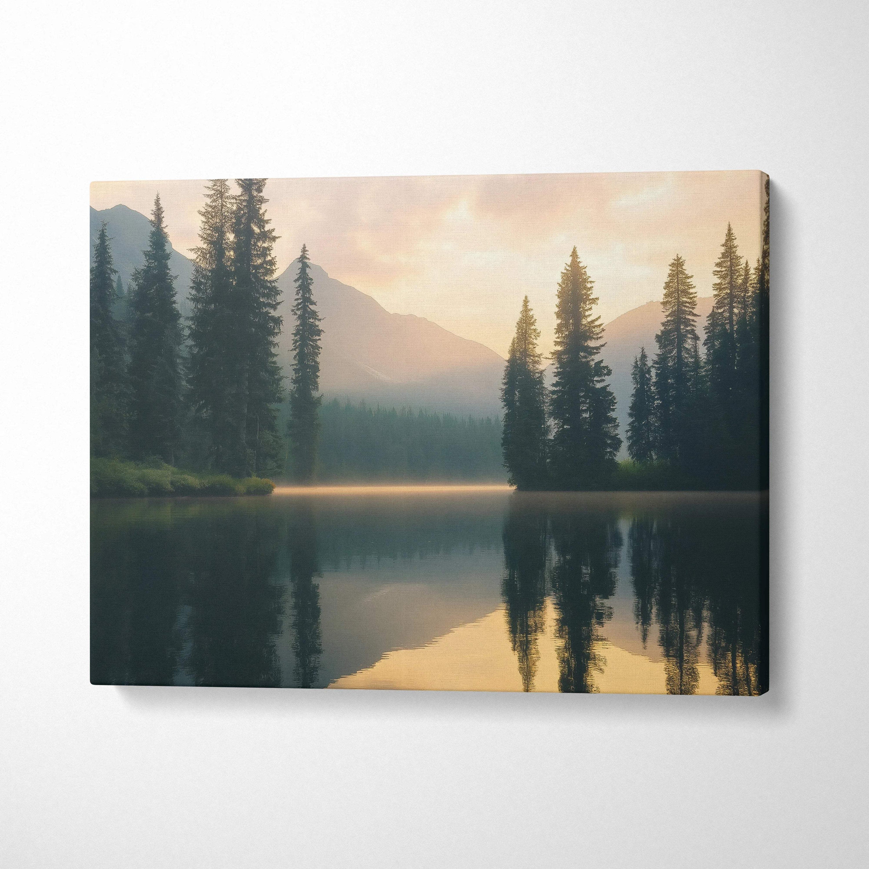 Serene mountain lake canvas wall art with trees, misty peaks, sunset reflection