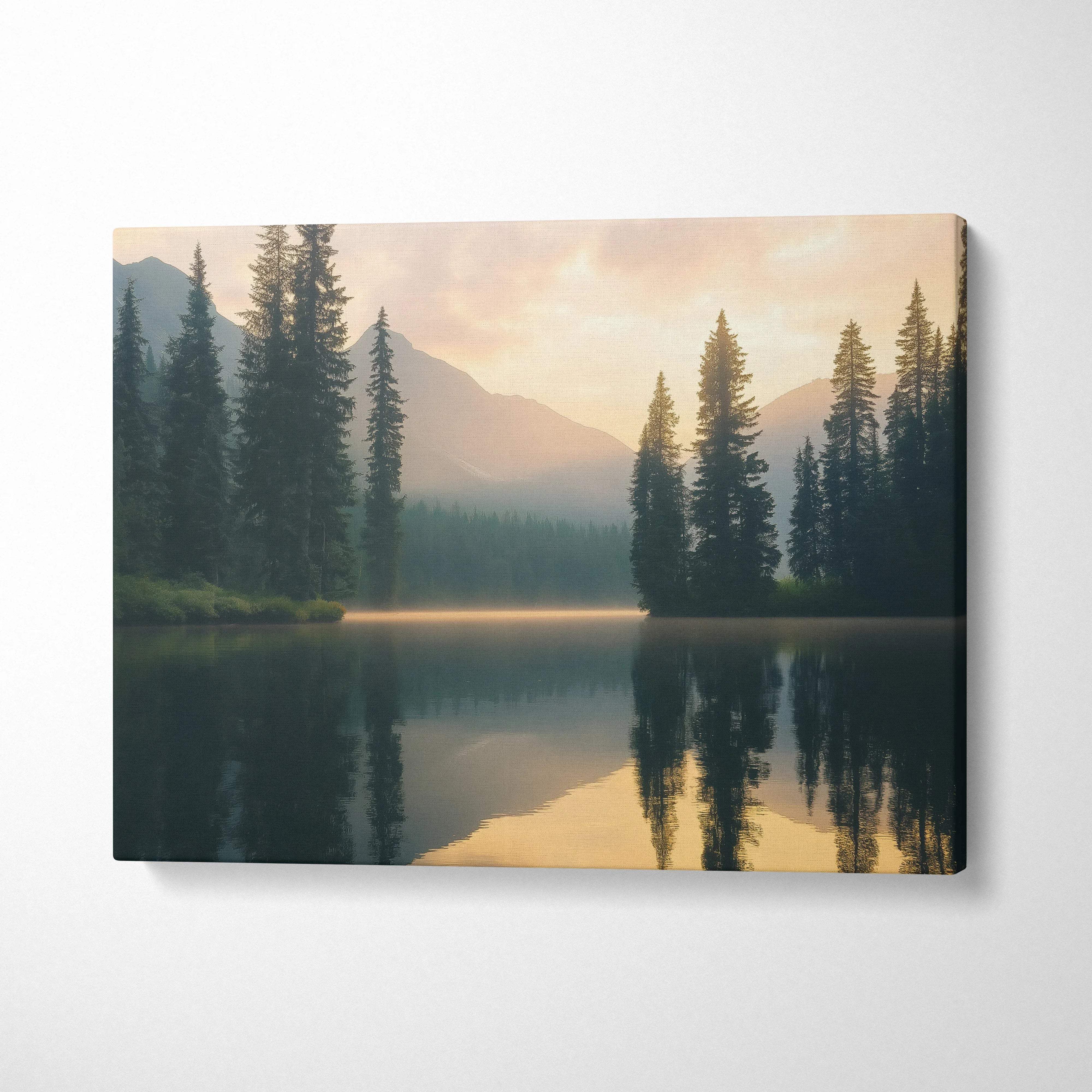Serene mountain lake canvas wall art with trees, misty peaks, sunset reflection