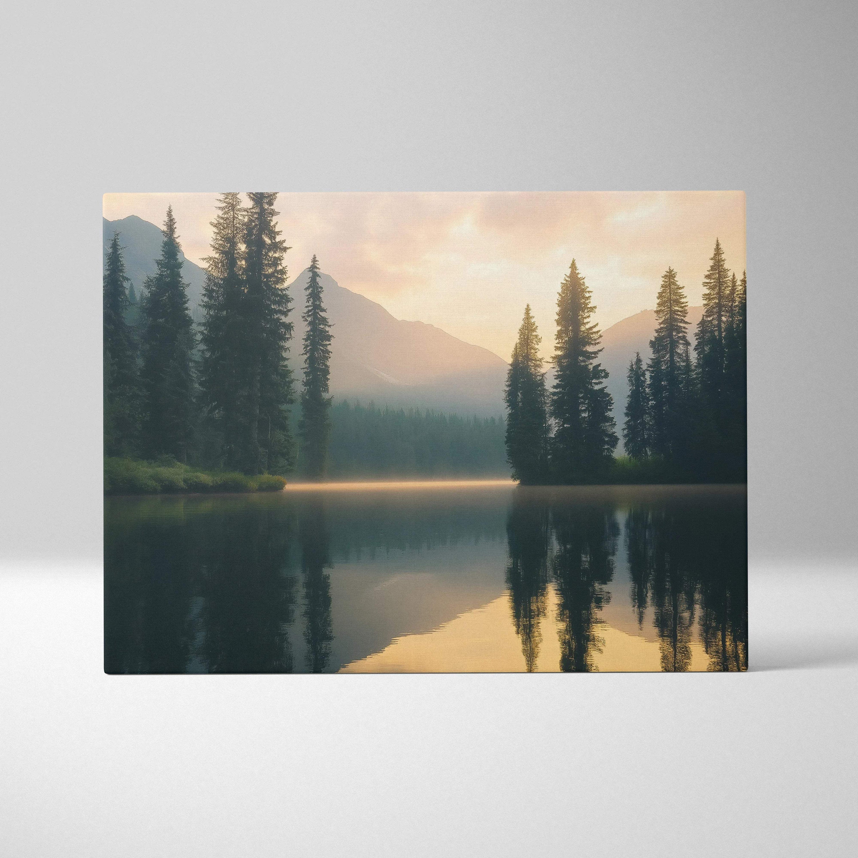 Serene mountain lake canvas wall art at golden hour sunset