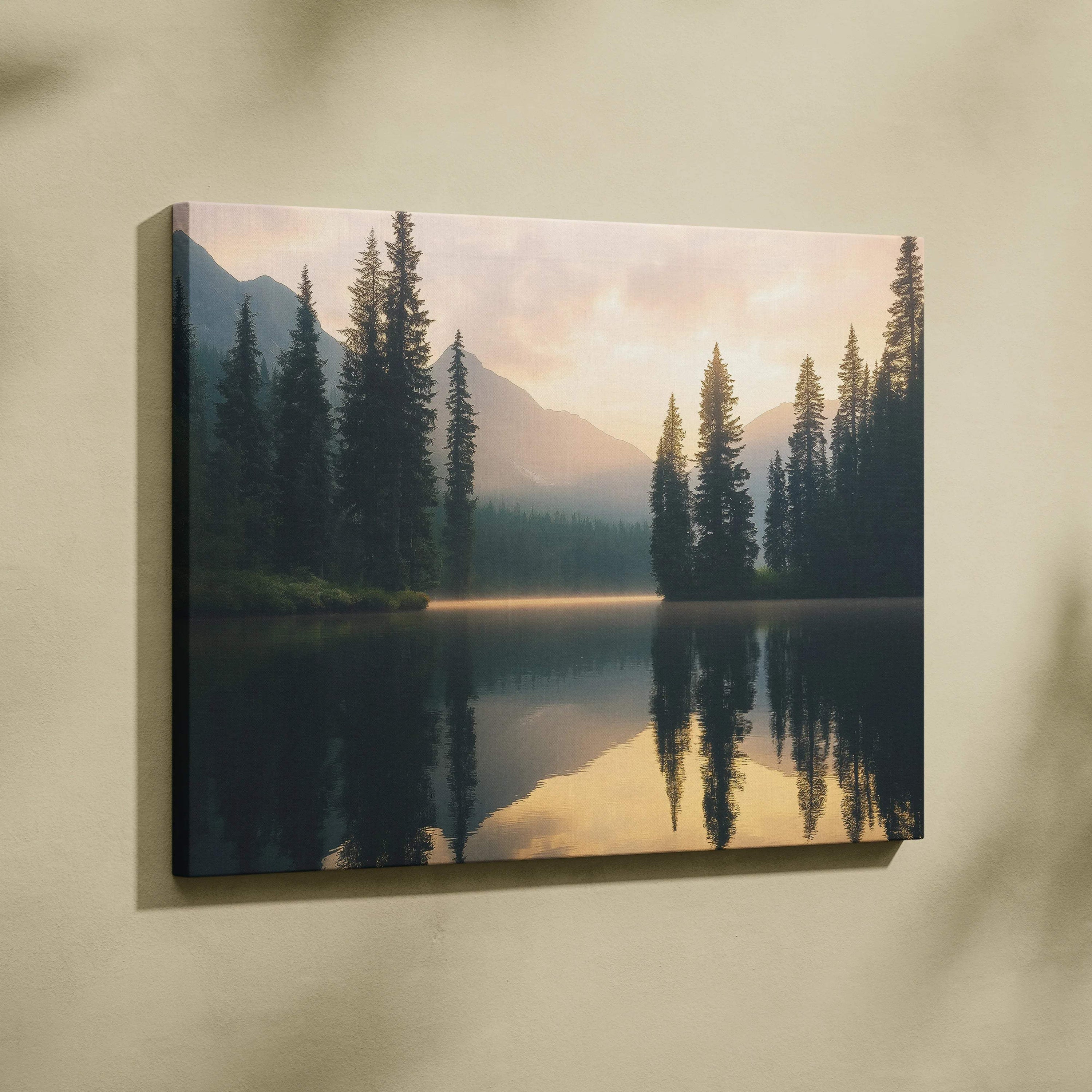 Serene mountain lake canvas wall art at sunset golden hour calm
