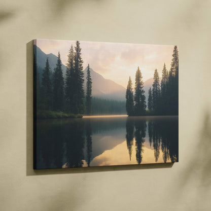 Serene mountain lake canvas wall art at sunset golden hour calm