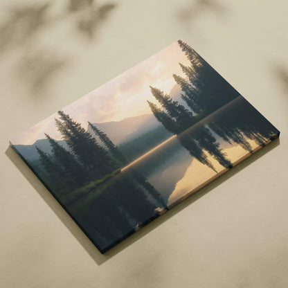 Canvas wall art of serene mountain lake sunset with trees reflection
