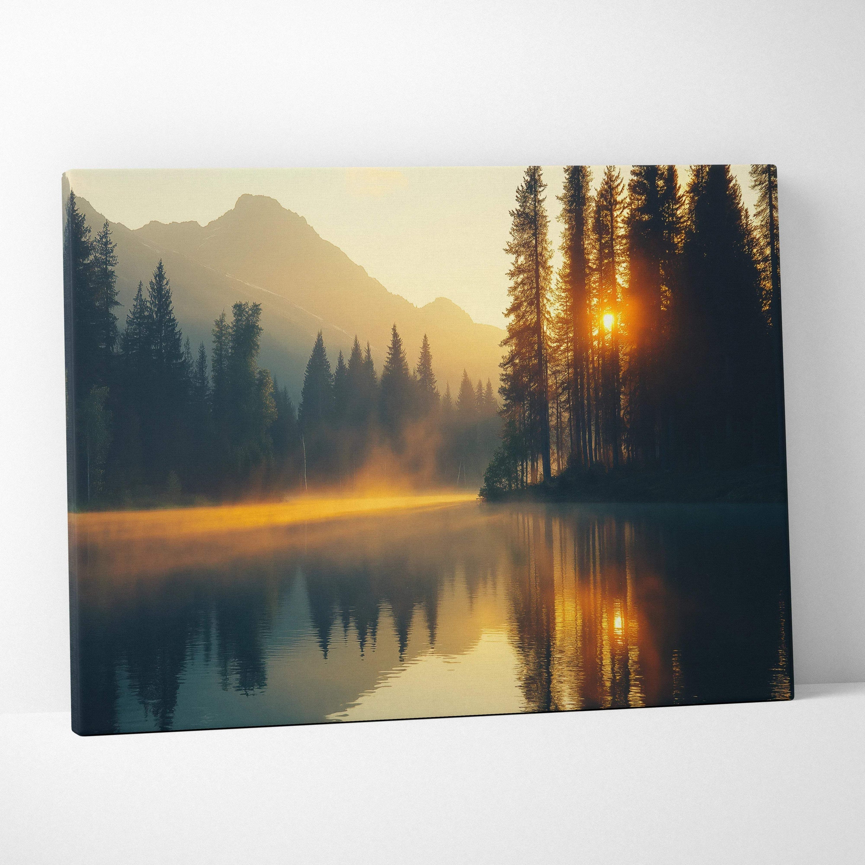 Canvas print of serene mountain lake at golden hour sunset with pines