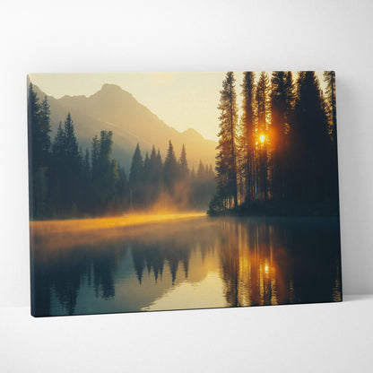 Canvas print of serene mountain lake at golden hour sunset with pines