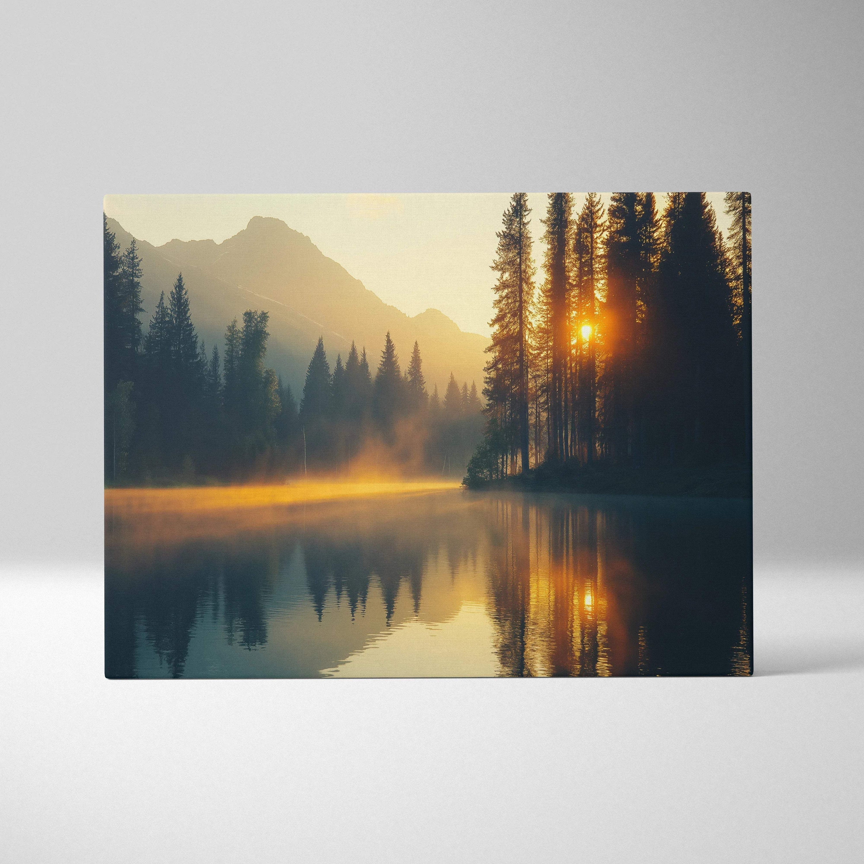 Canvas print of serene sunrise over misty mountains, pines, lake reflection