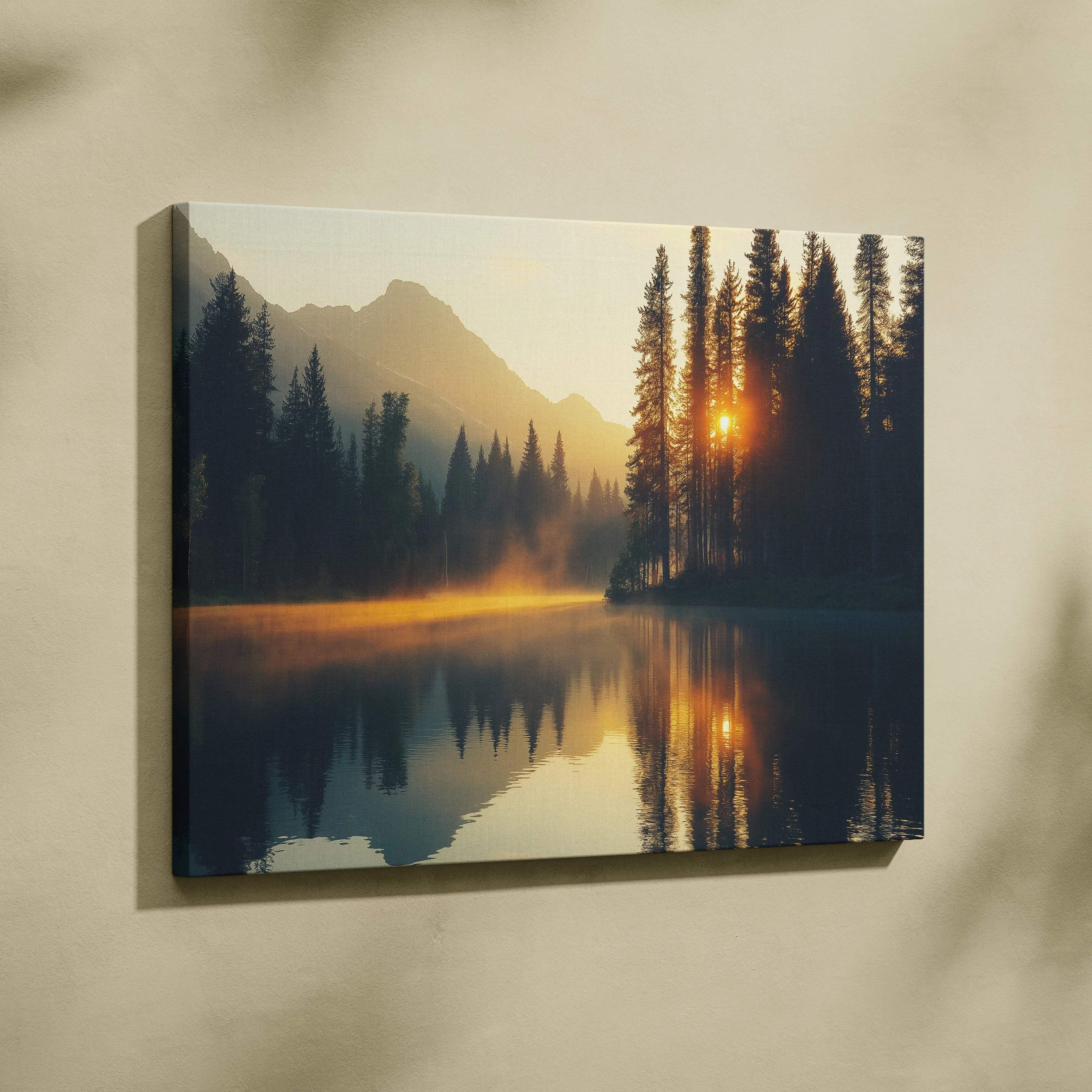 Canvas print of serene mountain lake at golden hour sunrise with silhouetted pines