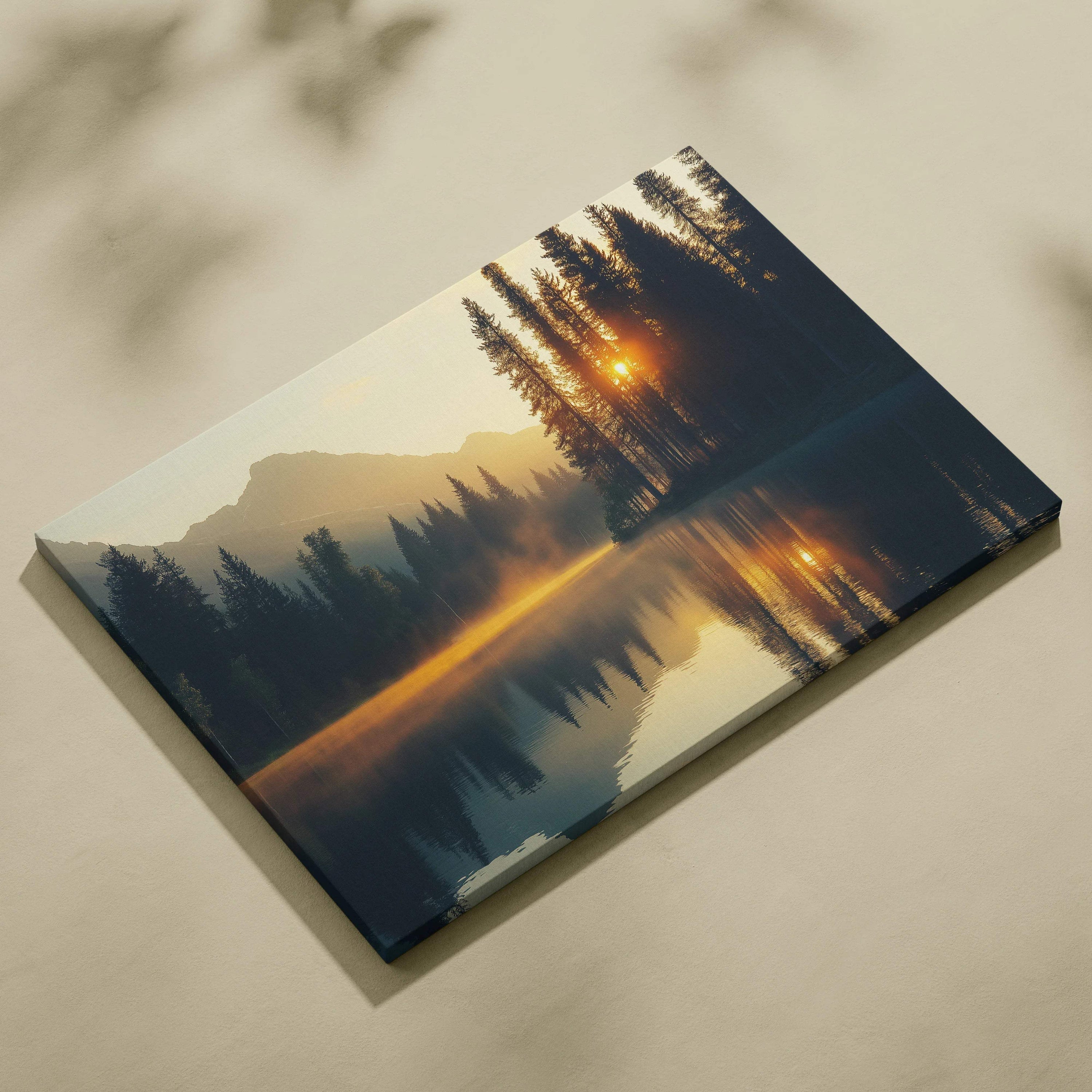 Canvas print of serene sunset over mountains, forest lake reflection, golden hues
