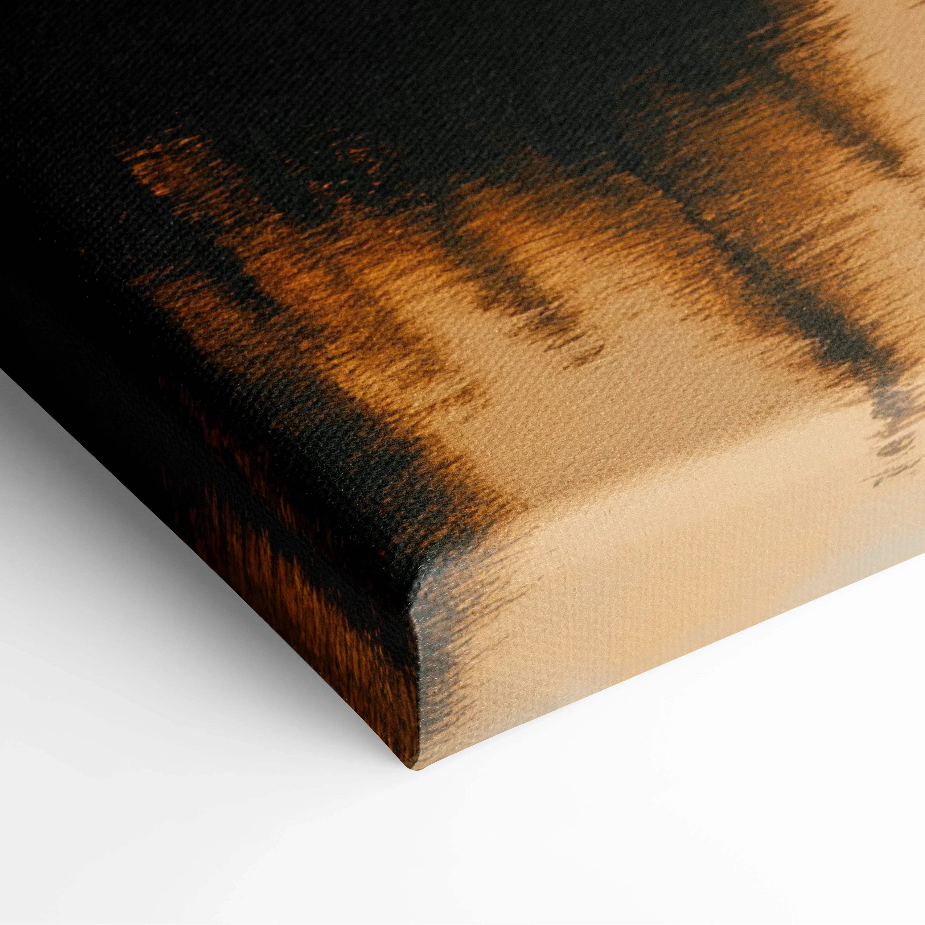 Canvas print of misty mountains over lake at sunset in forest, textured abstract design