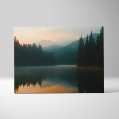 Canvas print of serene mountain lake at sunset in misty forest