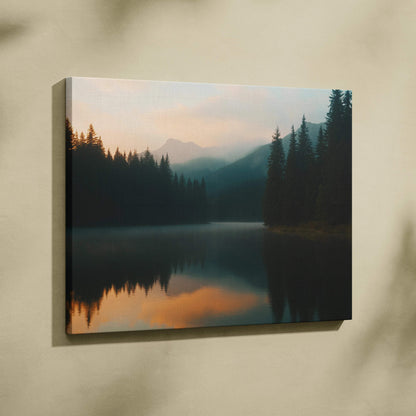 Serene canvas print of misty mountain lake at sunset with evergreens