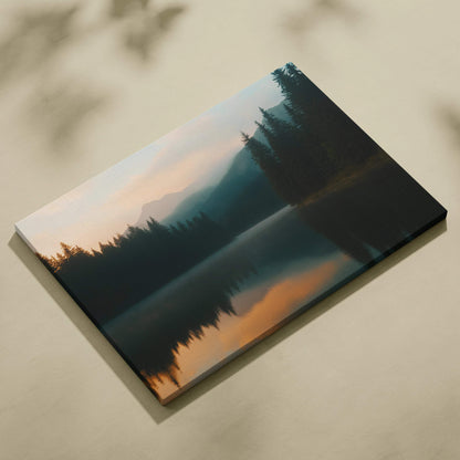 Serene mountain lake at sunset in misty forest canvas wall art