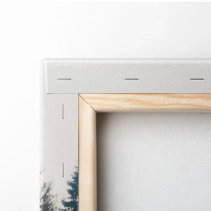 Back of canvas wall art: light wooden frame, off-white textured canvas, mountain lake landscape