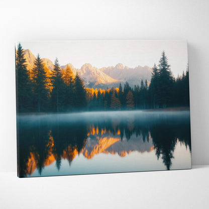 Canvas wall art of serene mountain lake with golden peaks and forest reflections