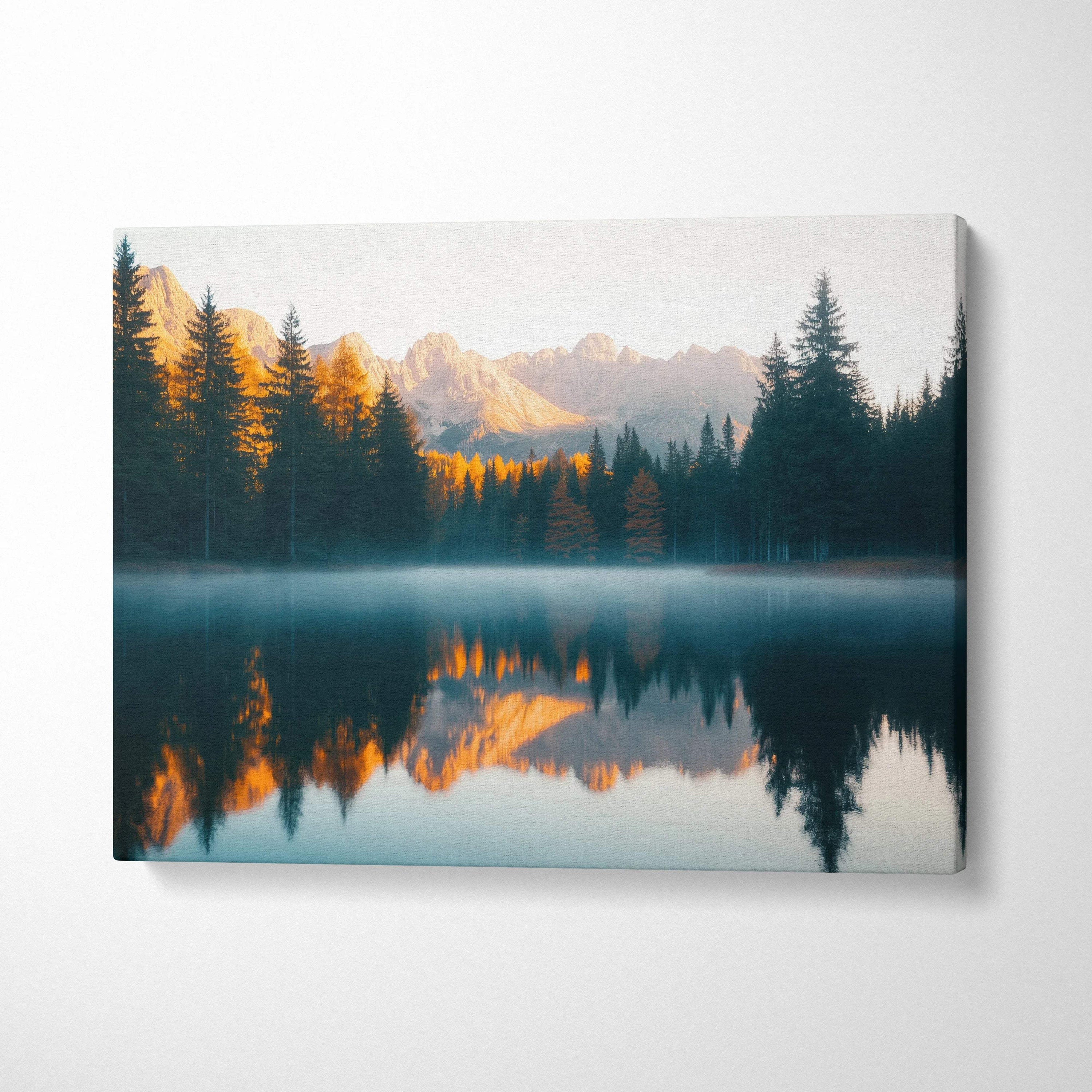Canvas wall art of serene mountain lake with misty forest reflections at golden hour