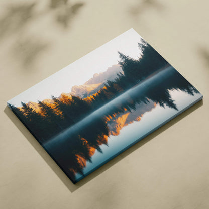 Canvas wall art of serene mountain landscape over still lake at golden hour