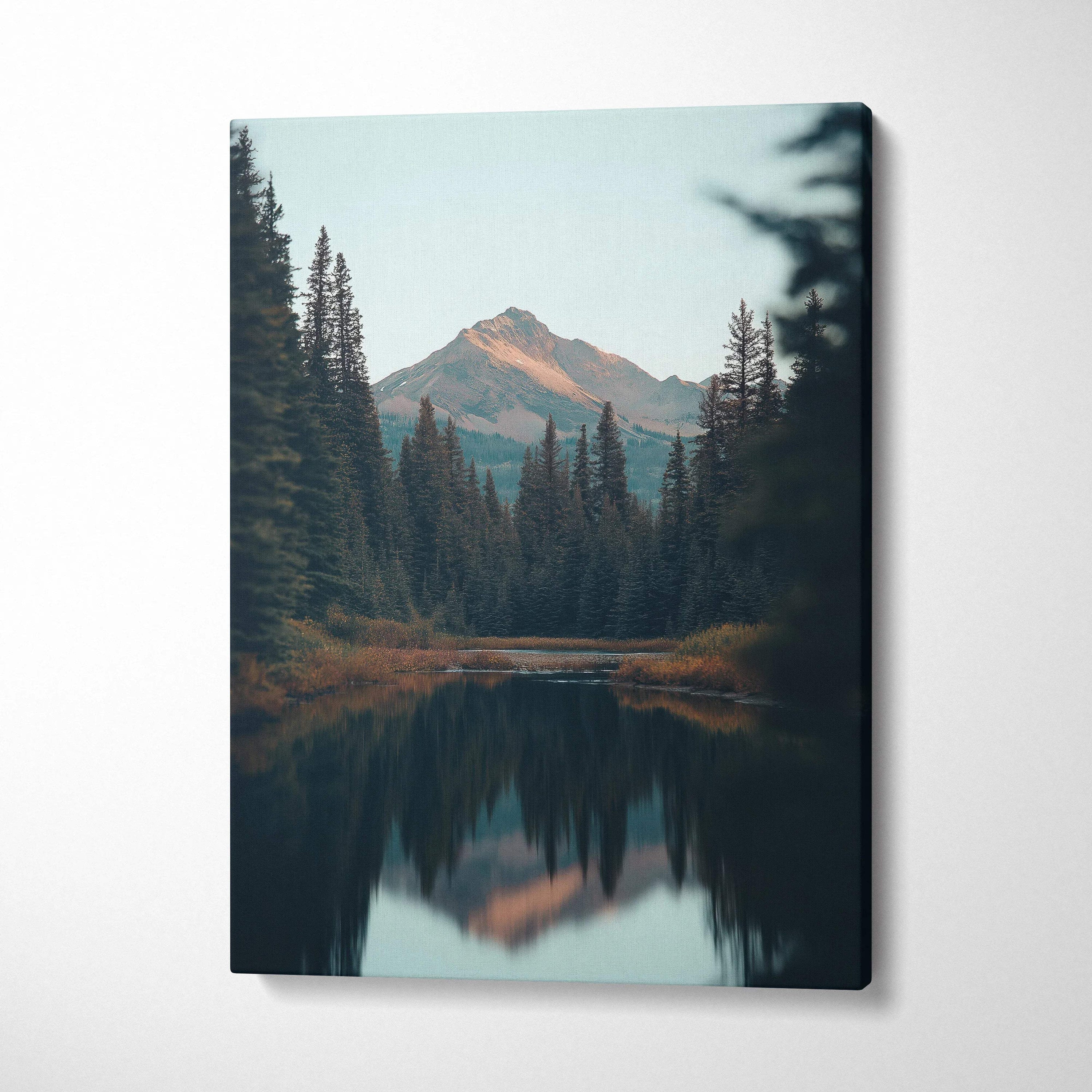 Serene canvas wall art of mountains, forest, lake in twilight blues