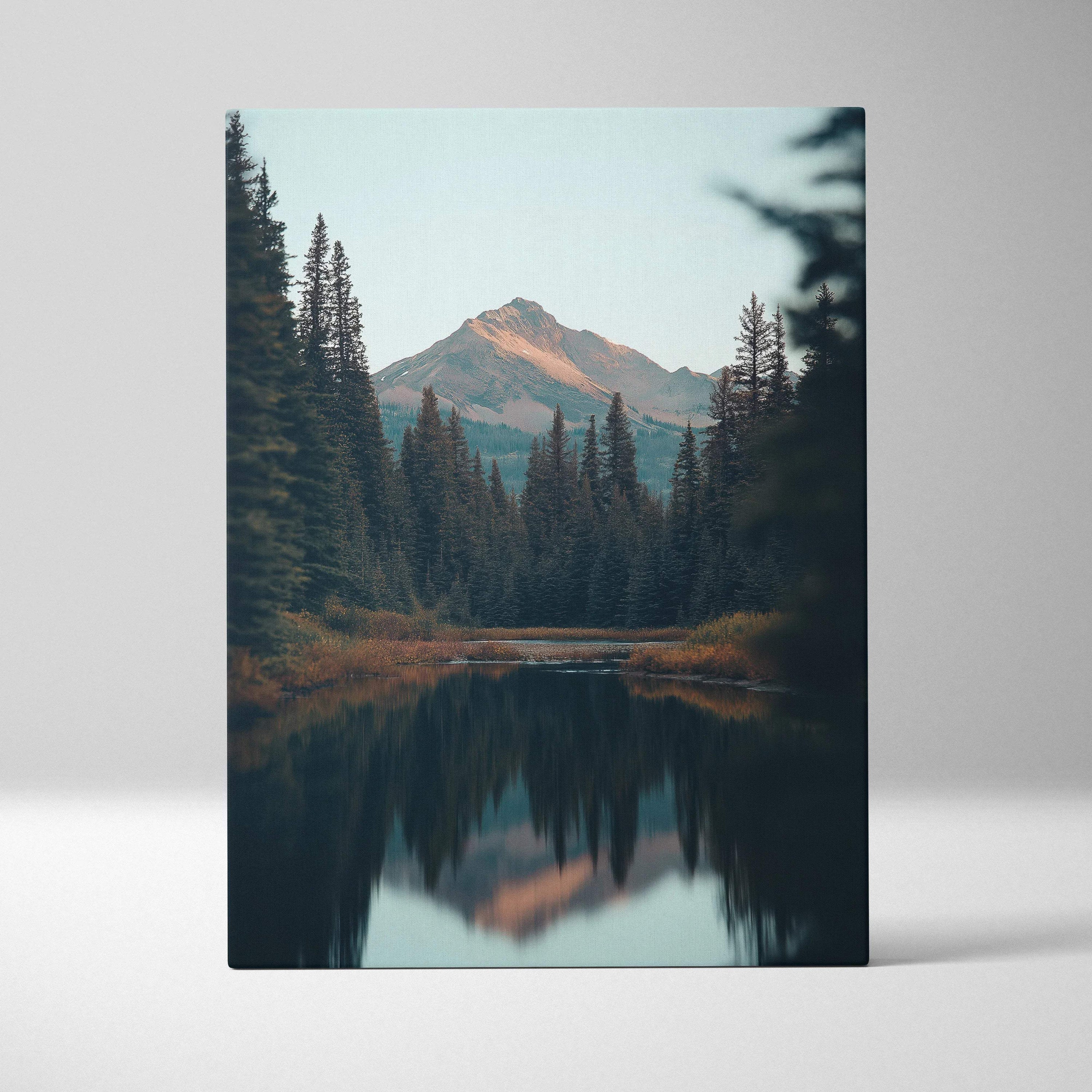 Serene canvas print of mountains in forest with twilight blues reflection
