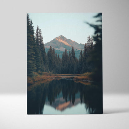 Serene canvas print of mountains in forest with twilight blues reflection