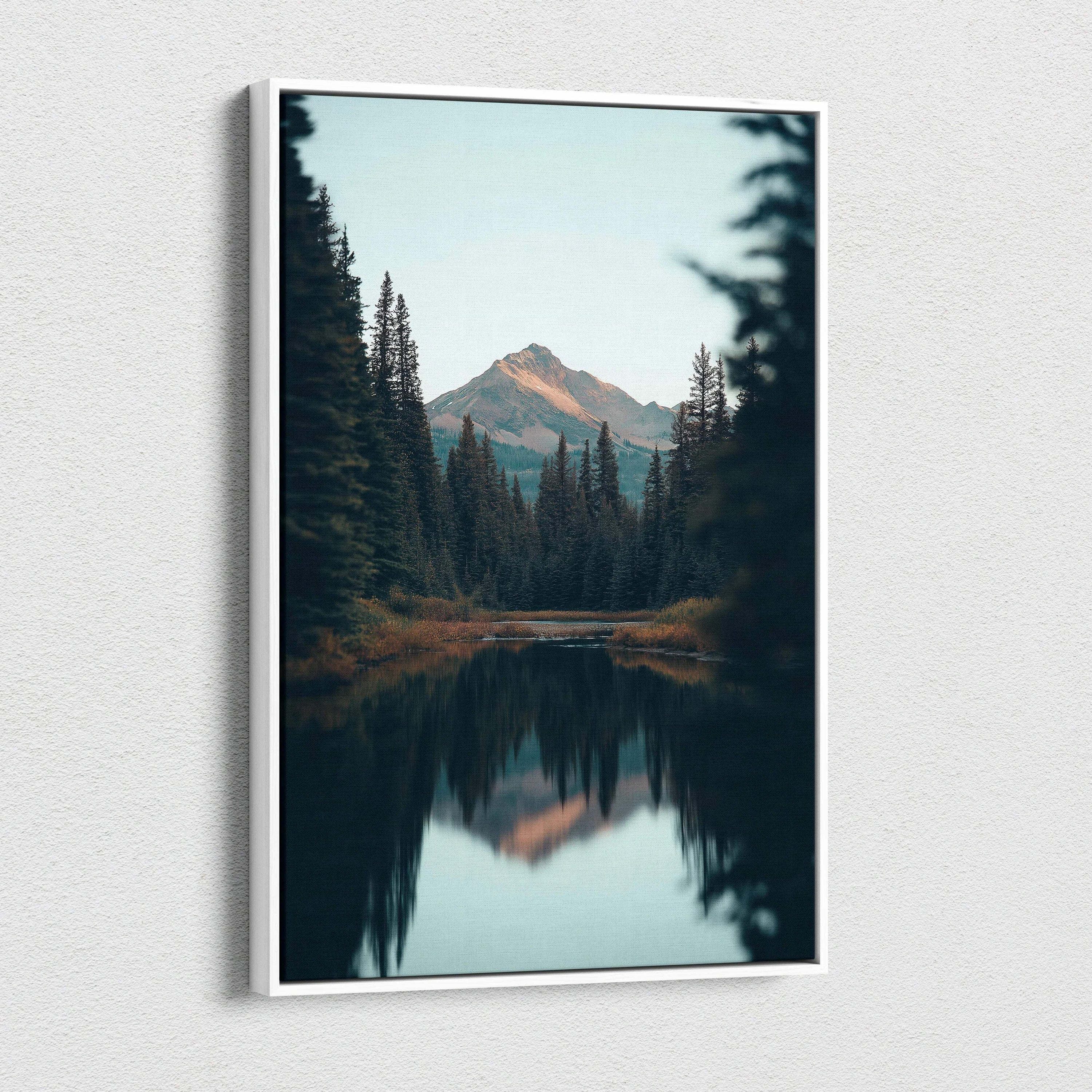 Serene twilight blue mountain forest canvas art in white frame