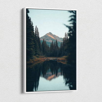 Serene twilight blue mountain forest canvas art in white frame