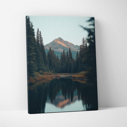 Serene twilight blue canvas wall art of mountains, forest, calm water reflection