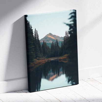 Serene canvas wall art of mountains, forest, lake in twilight blues