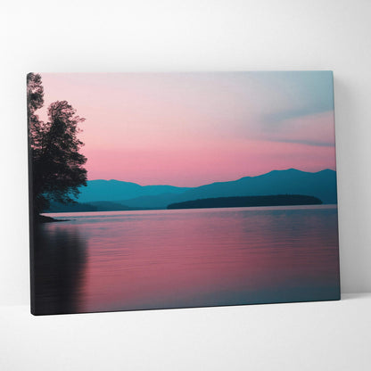Canvas wall art of serene lakeside sunset in pink blue tones with mountains