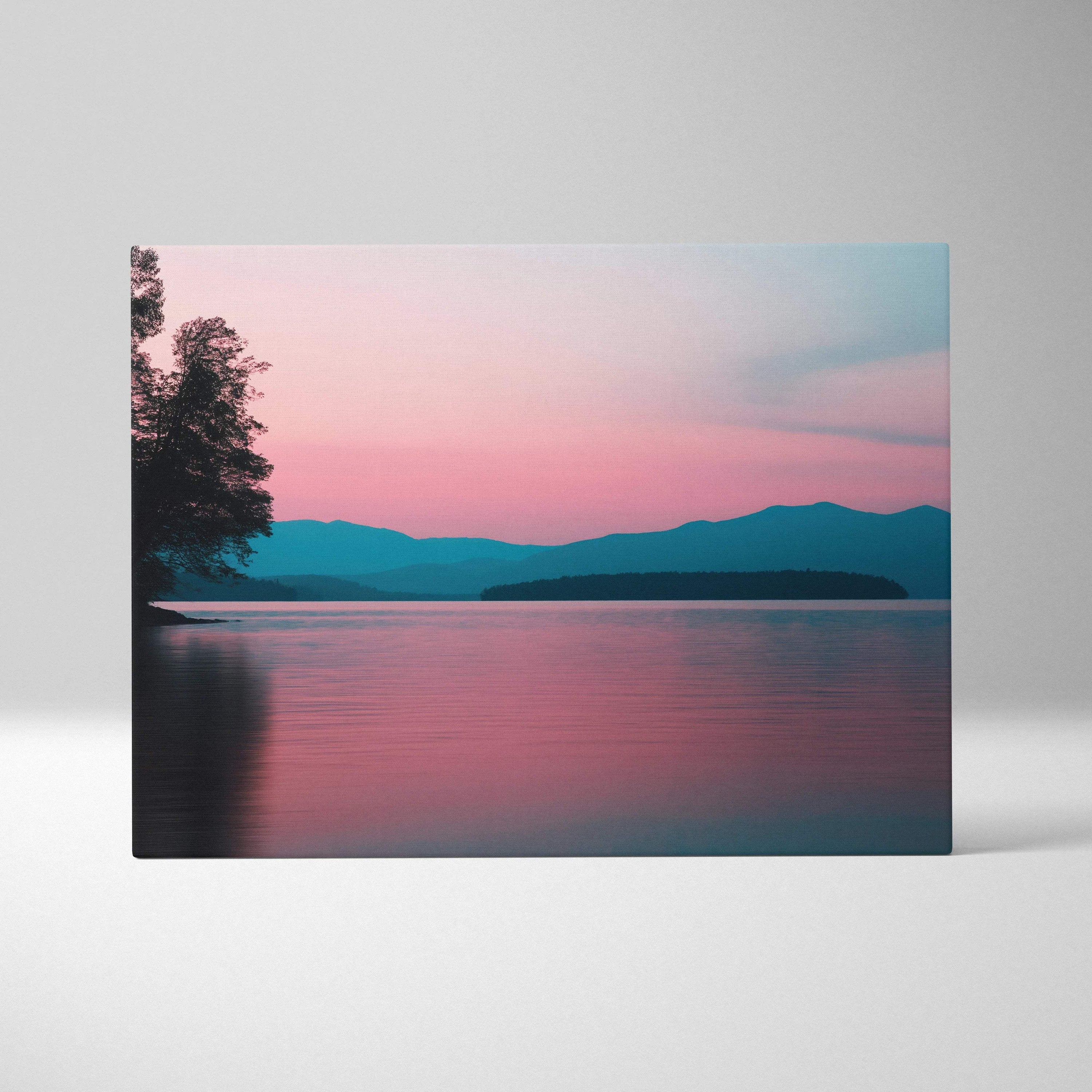Canvas wall art of serene lakeside at dusk in calm pink blue tones
