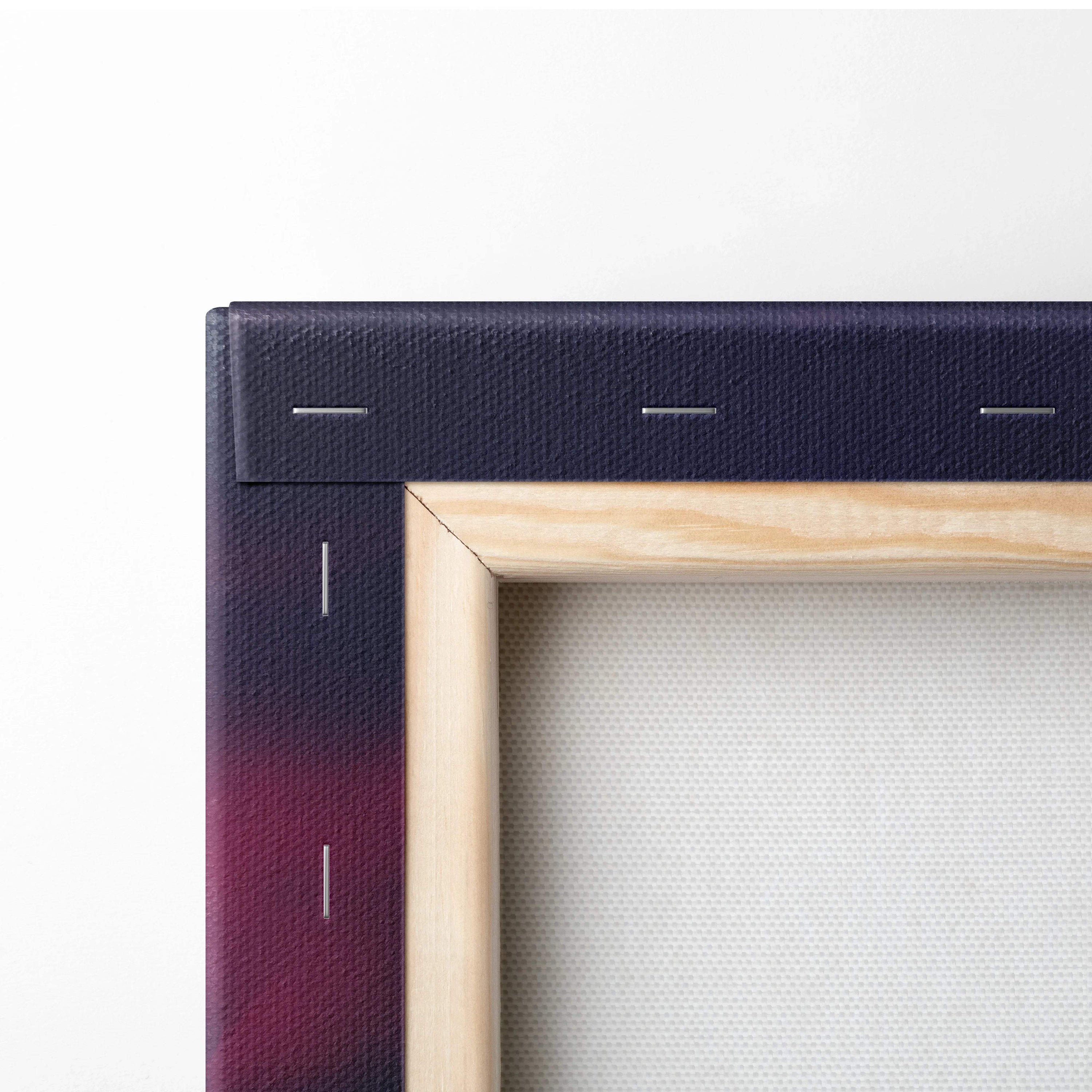 Back of minimalist canvas art with navy-purple gradient, wood frame, white stitching