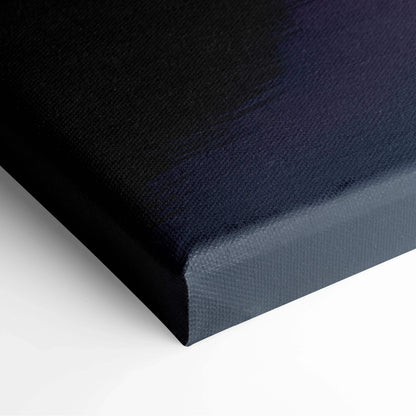 Black canvas print of sunset mountains reflected on lake, navy gradient back