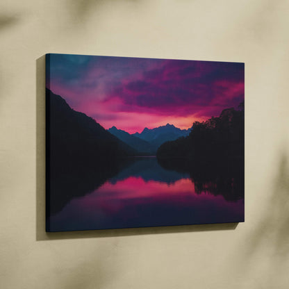 Vibrant pink purple sunset over mountains reflected in calm lake canvas print
